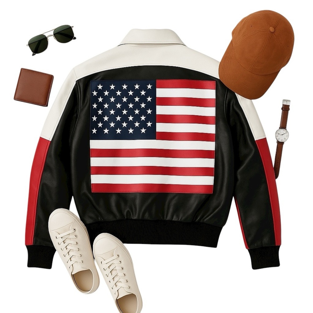 Michael Hoban North Beach Where MI Vintage USA Flag Leather Bomber Jacket Size M